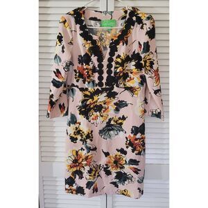 Pappagallo Floral Shift Dress Pink Black Pom Pom Trim Split V Neck 3/4 Sleeve 4